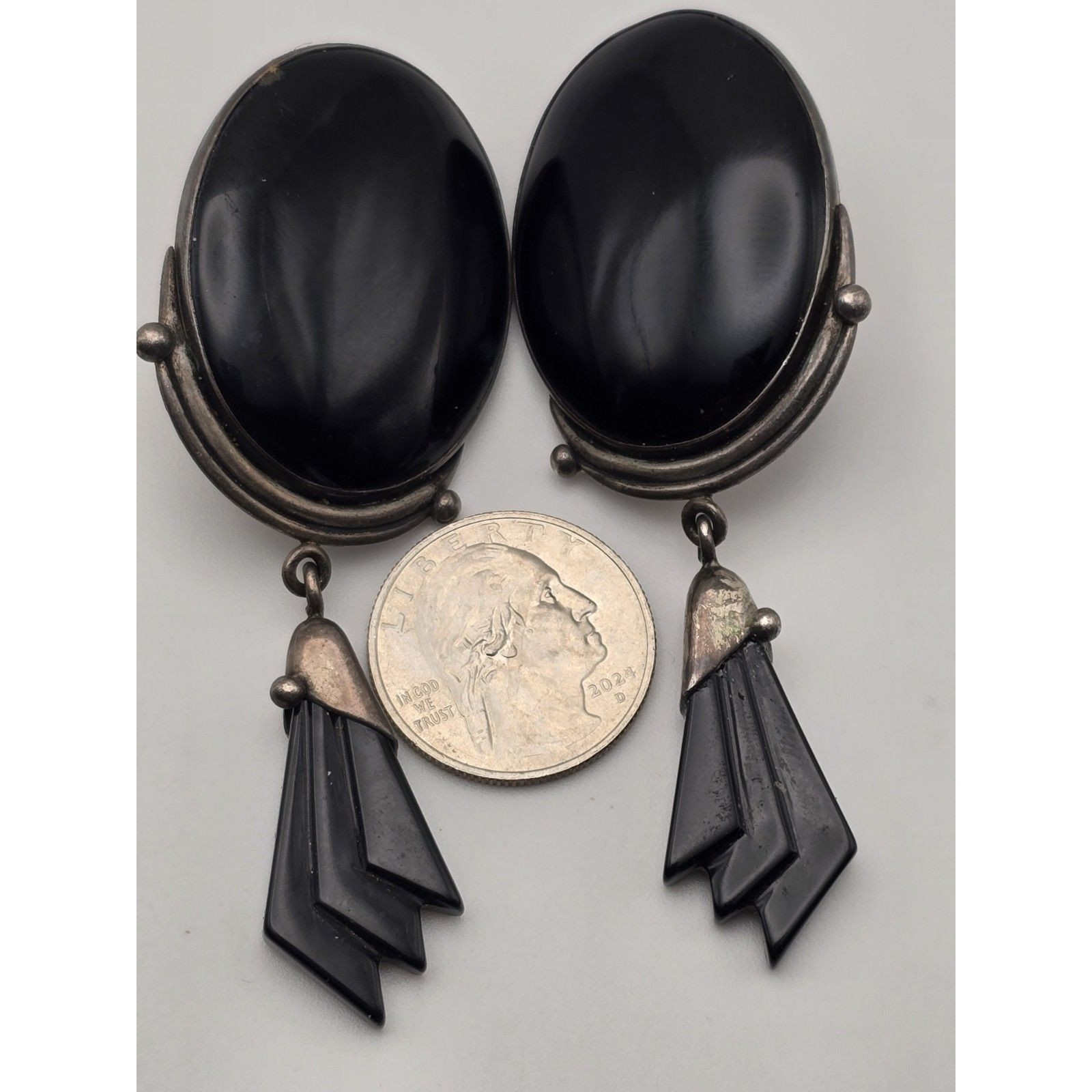 Bold Artisan Sterling Silver Earrings | Dated 1987 | Black Stone Dangles | 48g |